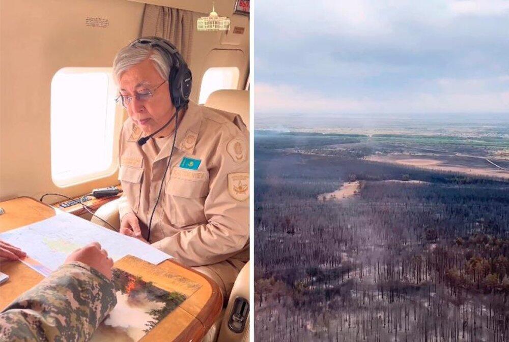 Kazakh President flies over fire-ravaged territories in Kostanay region